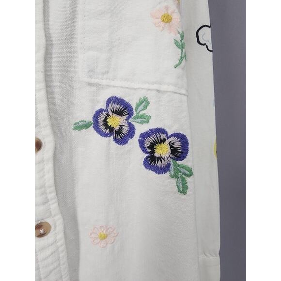 Pilcro Shirt Womens Medium White Cotton Linen Embroidered Button Up Boho Floral - Picture 7 of 16